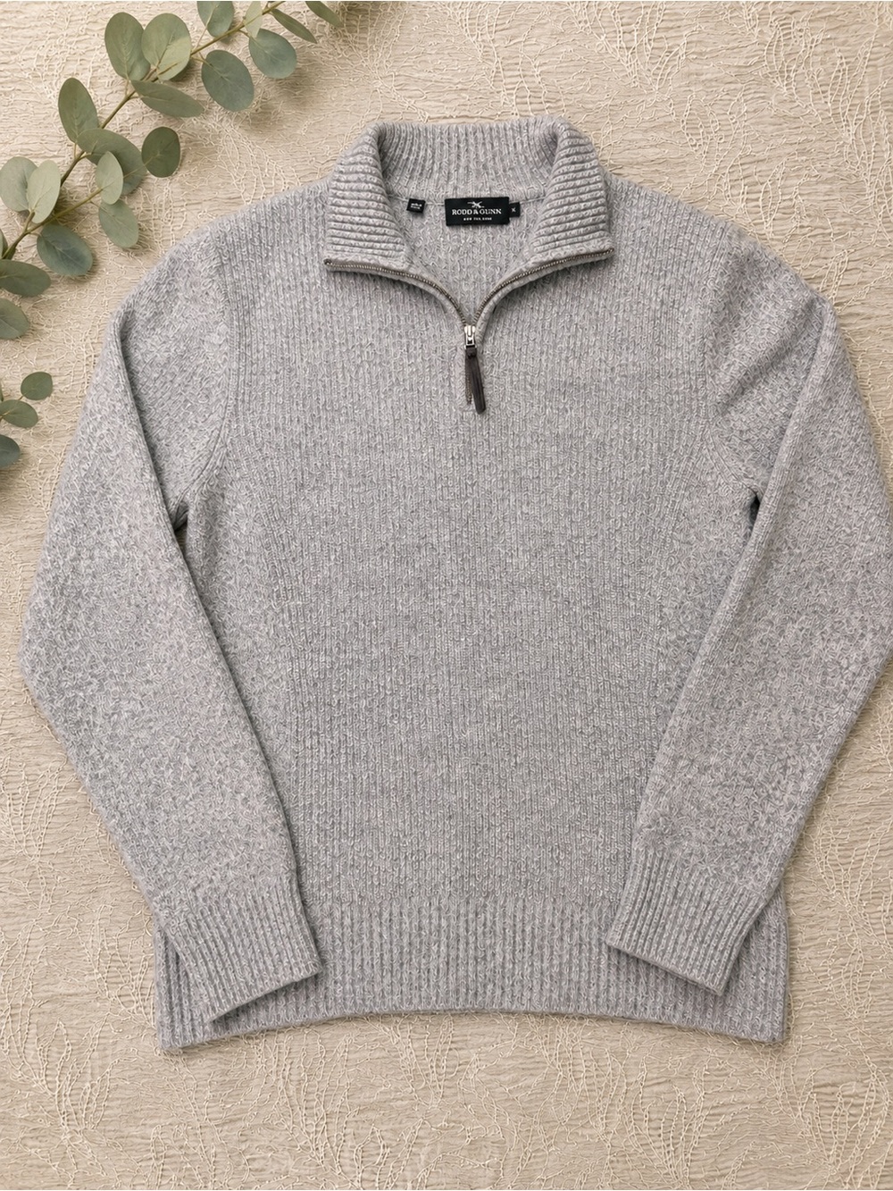Rodd & Gunn Light Grey Zip-Front Ribbed 100% Extrafine Lambs Wool Sweater